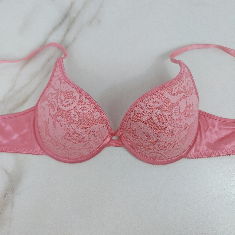 Wonderbra Push Up Bra, Pink Lace Overlay, Sz 34B, VTG Y2K